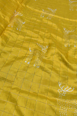 Golden Yellow Semi Dola Holiday Reindeers Printed Blue Zari Border Saree