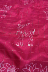 Dark Pink Semi Dola Holiday Reindeers Printed Violet Zari Border Saree