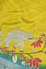 Dark Yellow Semi Dola Silver Checks Elephants Printed Blue Border Saree