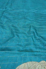 Blue Semi Dola Silver Checks Elephants Printed Zari Border Saree