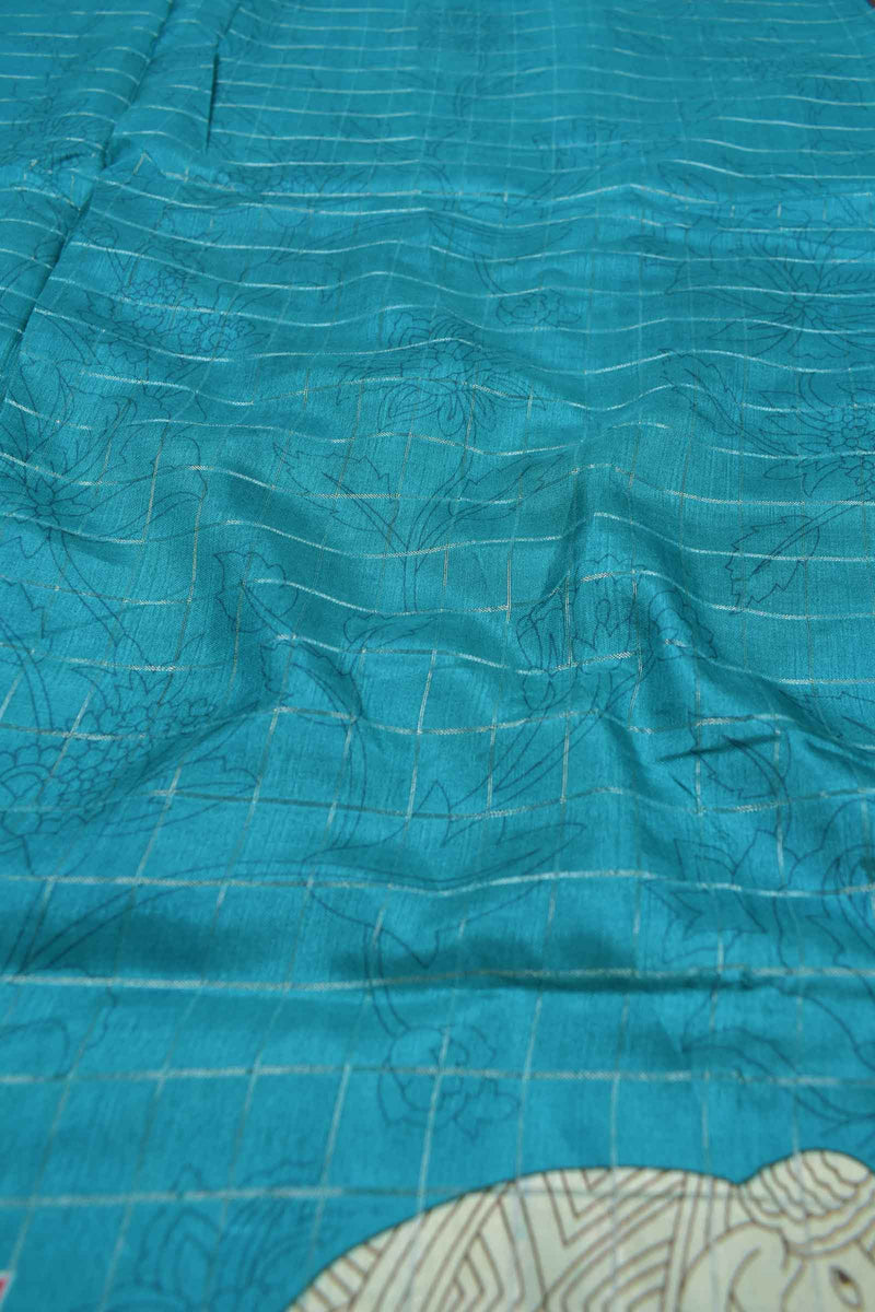 Blue Semi Dola Silver Checks Elephants Printed Zari Border Saree