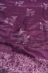 Burgundy Purple Semi Dola Holiday Reindeers Printed Green Zari Border Saree