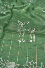 Green Semi Dola Silver Checks Holiday Reindeer Print Zari Border Saree