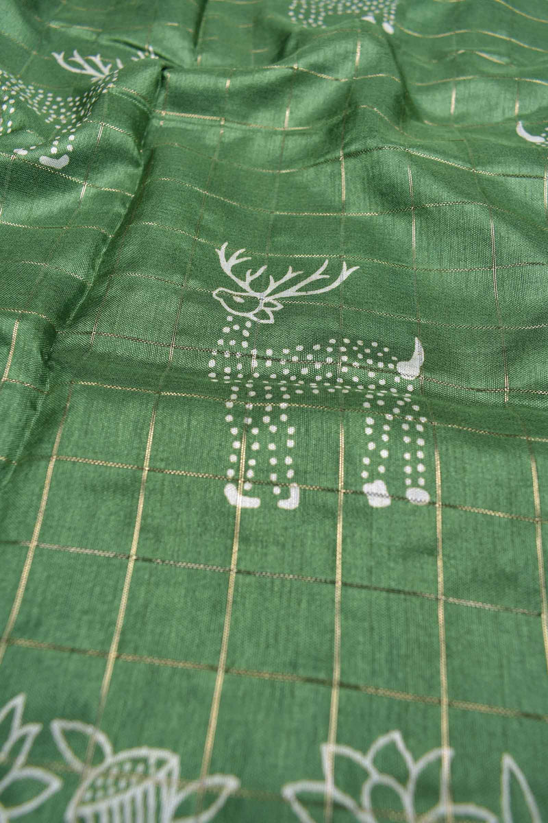 Green Semi Dola Silver Checks Holiday Reindeer Print Zari Border Saree