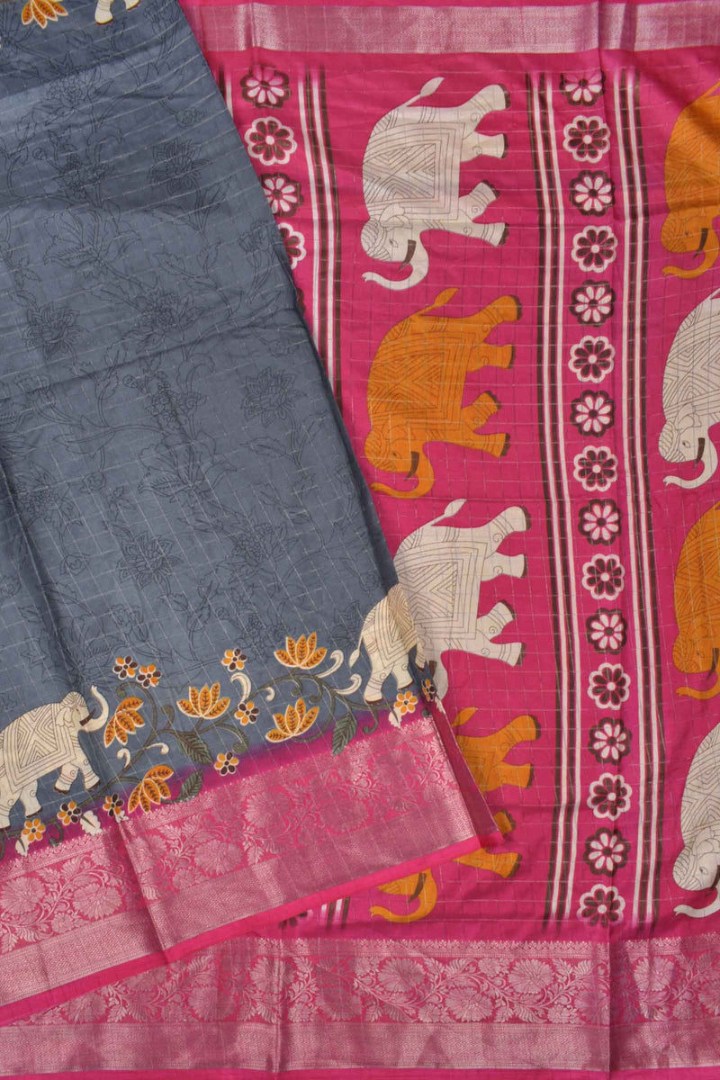 Dark Grey Semi Dola Silver Checks Elephants Printed Pink Zari Border Saree