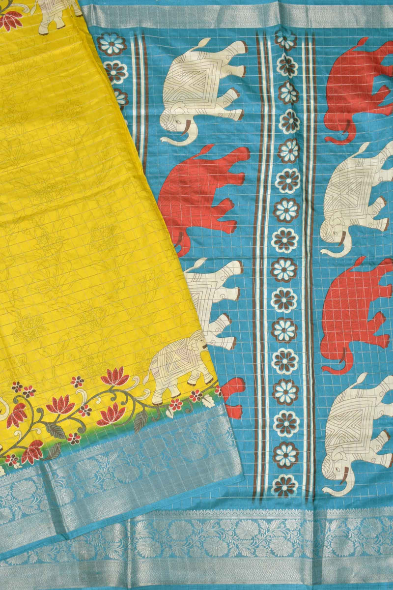 Dark Yellow Semi Dola Silver Checks Elephants Printed Blue Border Saree