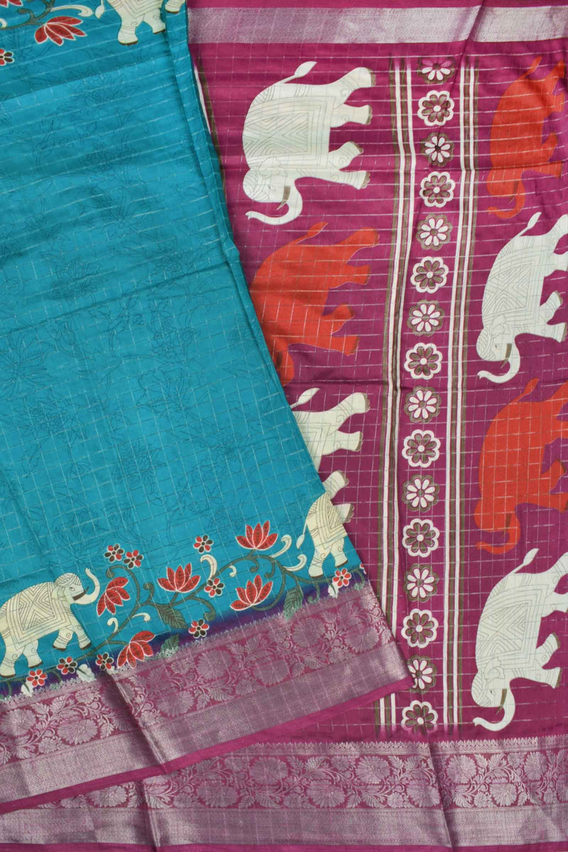 Blue Semi Dola Silver Checks Elephants Printed Zari Border Saree