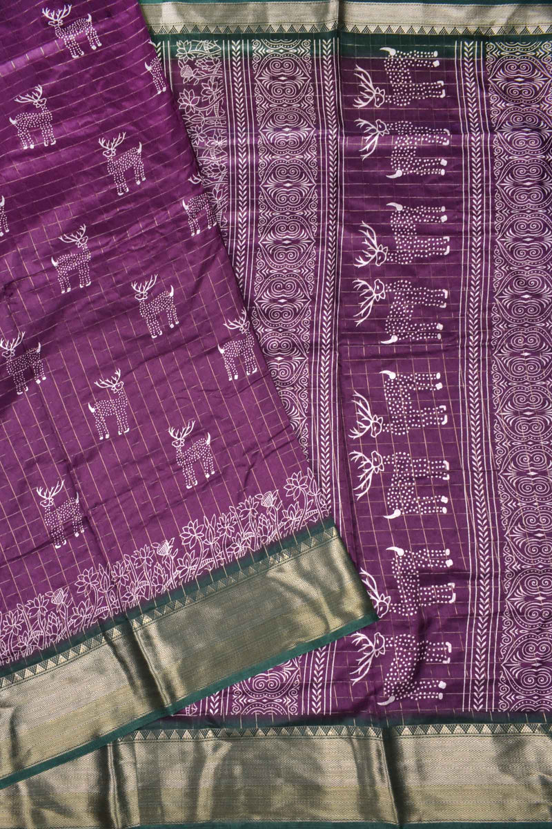 Burgundy Purple Semi Dola Holiday Reindeers Printed Green Zari Border Saree