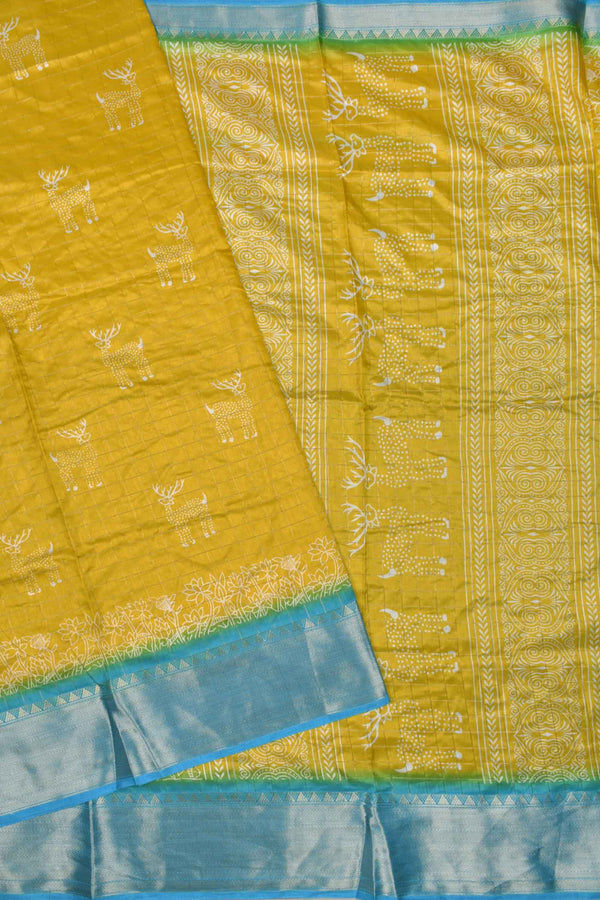 Golden Yellow Semi Dola Holiday Reindeers Printed Blue Zari Border Saree