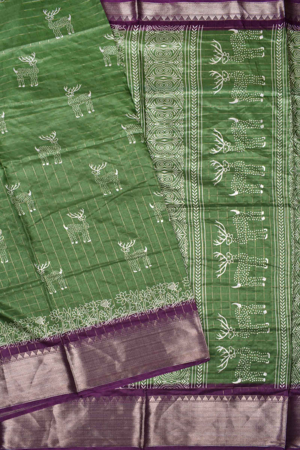 Green Semi Dola Silver Checks Holiday Reindeer Print Zari Border Saree