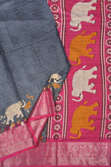 Dark Grey Semi Dola Silver Checks Elephants Printed Pink Zari Border Saree