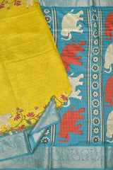 Dark Yellow Semi Dola Silver Checks Elephants Printed Blue Border Saree