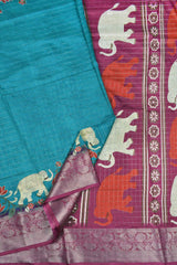 Blue Semi Dola Silver Checks Elephants Printed Zari Border Saree