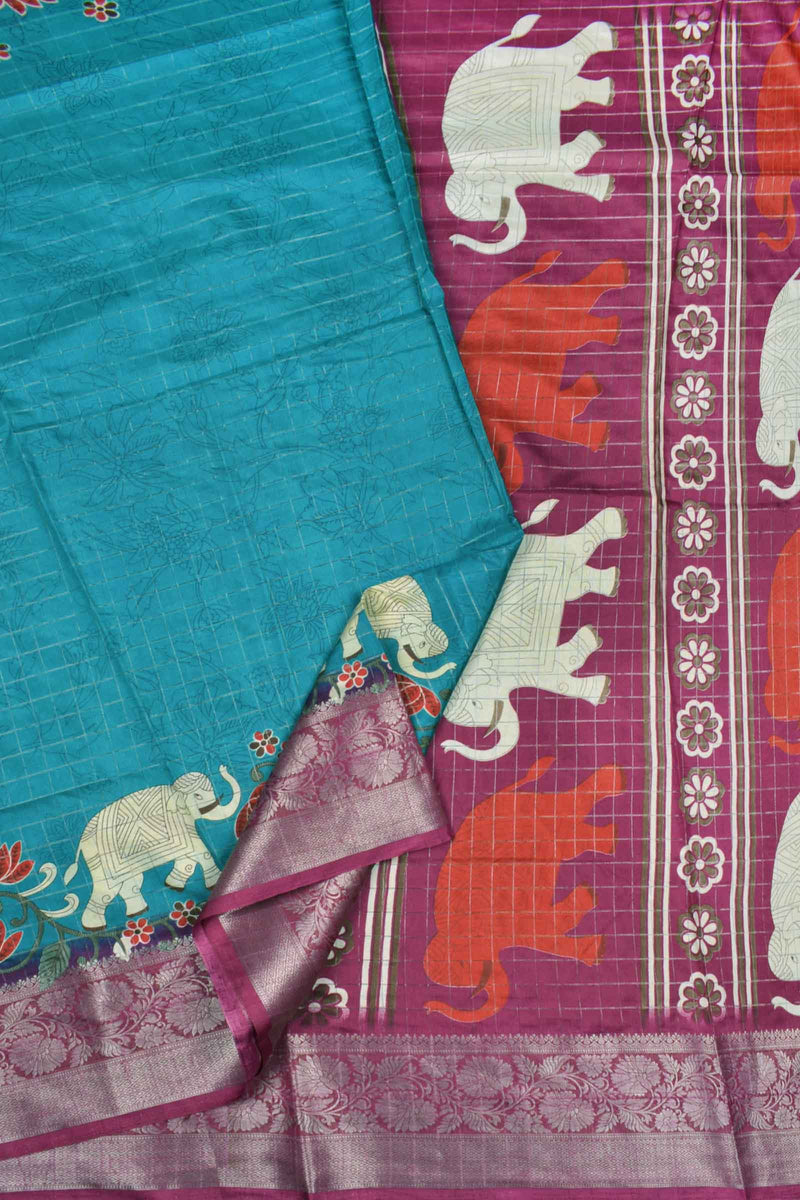 Blue Semi Dola Silver Checks Elephants Printed Zari Border Saree