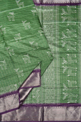 Green Semi Dola Silver Checks Holiday Reindeer Print Zari Border Saree