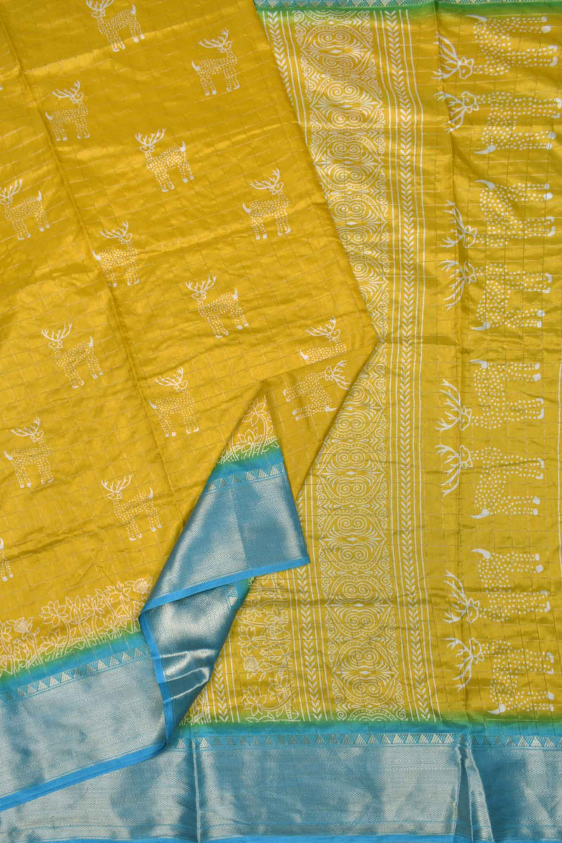 Golden Yellow Semi Dola Holiday Reindeers Printed Blue Zari Border Saree