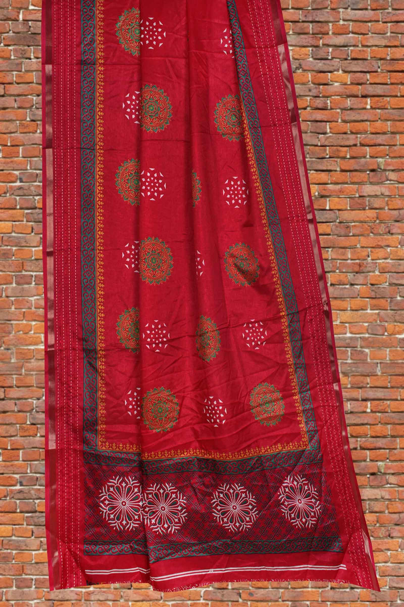 Dark Maroon Semi Dola Mandala Style Butta Print Kaatha Border Saree