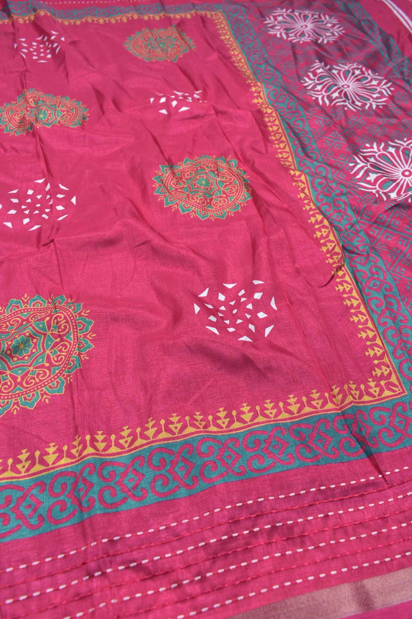 Dark Pink Semi Dola Mandala Style Butta Print Kaatha Border Saree