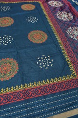 Blue Semi Dola Mandala Butta Print Kaatha Border Saree