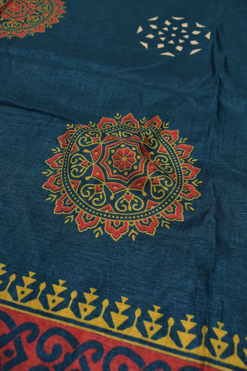 Blue Semi Dola Mandala Butta Print Kaatha Border Saree