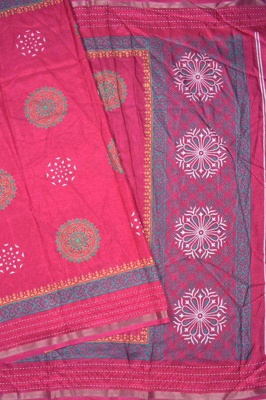 Dark Pink Semi Dola Mandala Style Butta Print Kaatha Border Saree