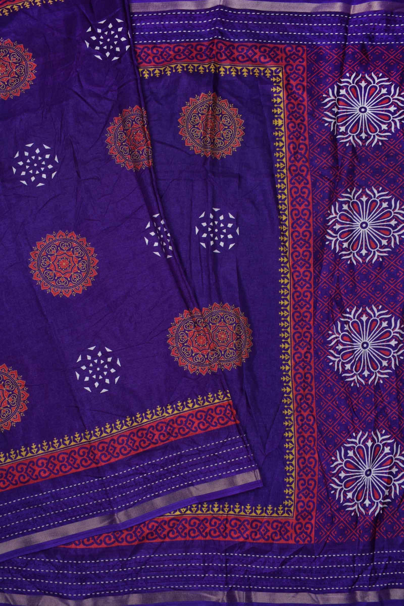 Dark Violet Semi Dola Mandala Style Butta Print Kaatha Border Saree