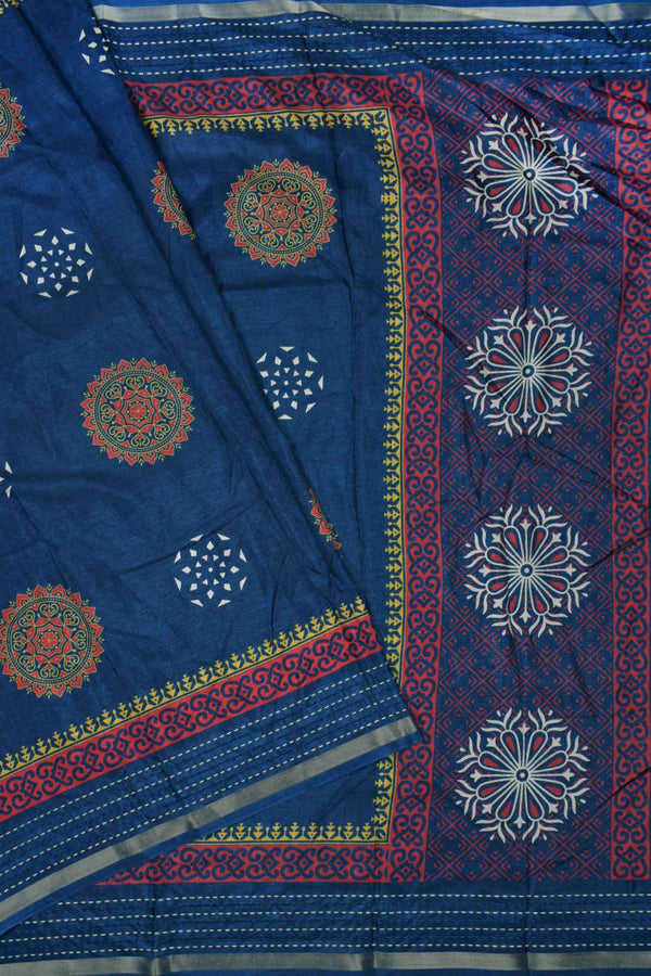 Blue Semi Dola Mandala Butta Print Kaatha Border Saree