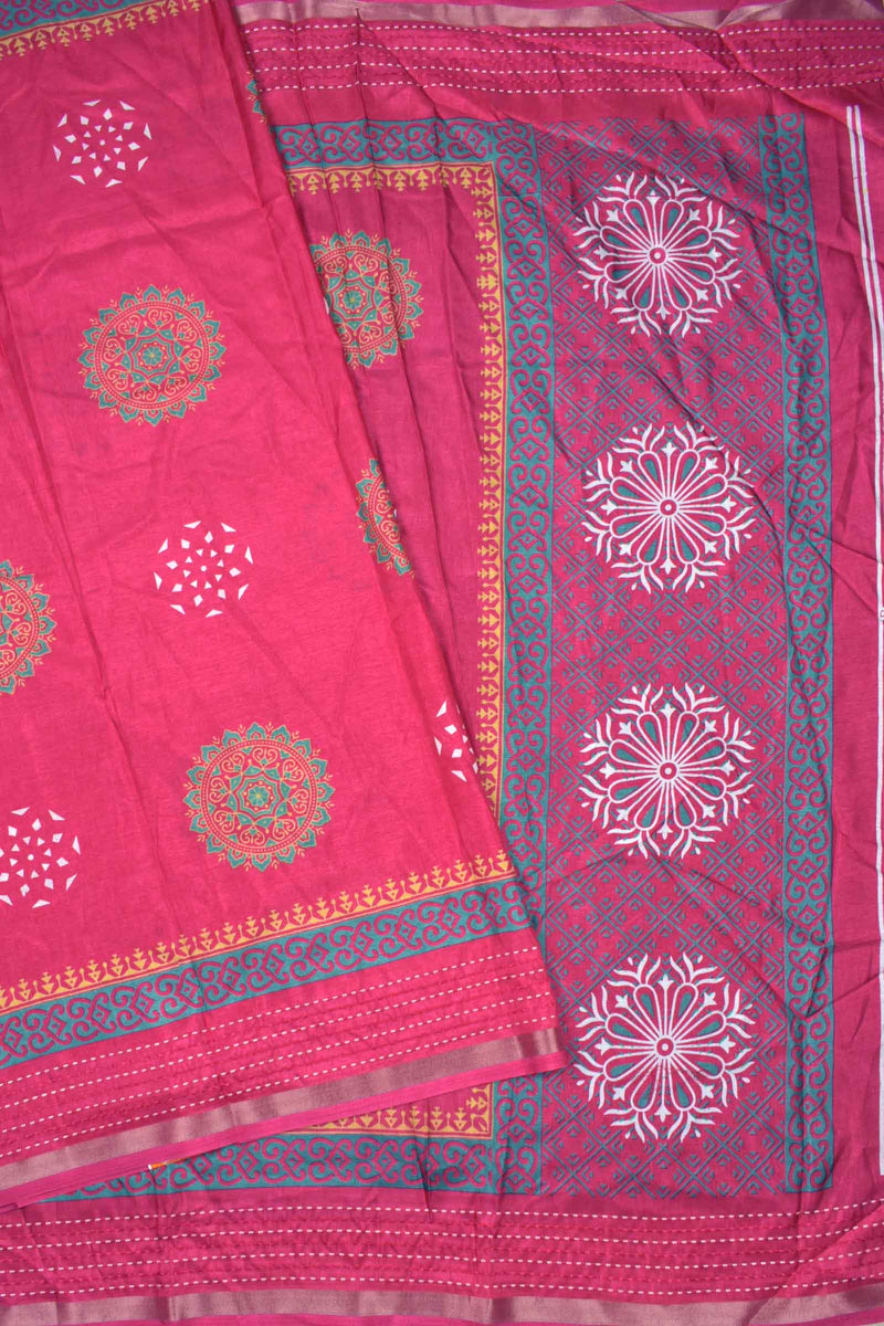 Dark Pink Semi Dola Mandala Style Butta Print Kaatha Border Saree