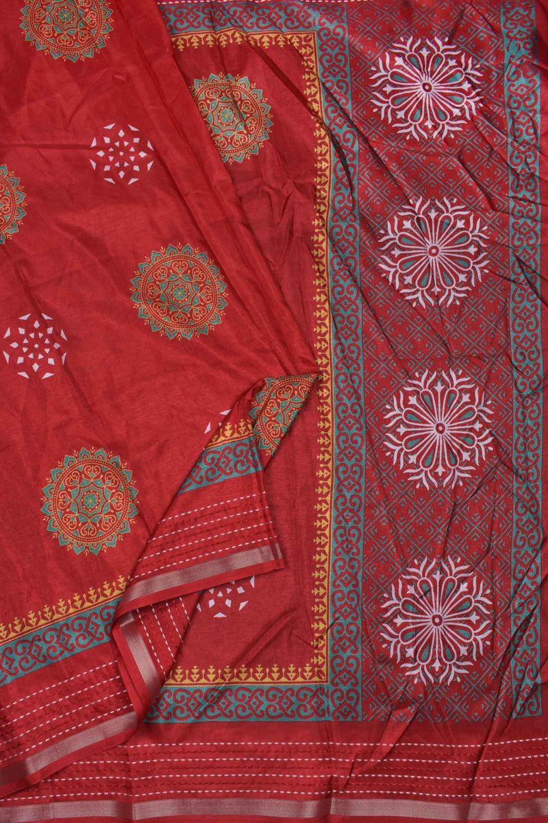 Dark Maroon Semi Dola Mandala Style Butta Print Kaatha Border Saree