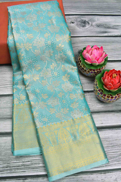 Turquoise Blue Semi Silk Tissue  Fancy Floral Brocade Saree