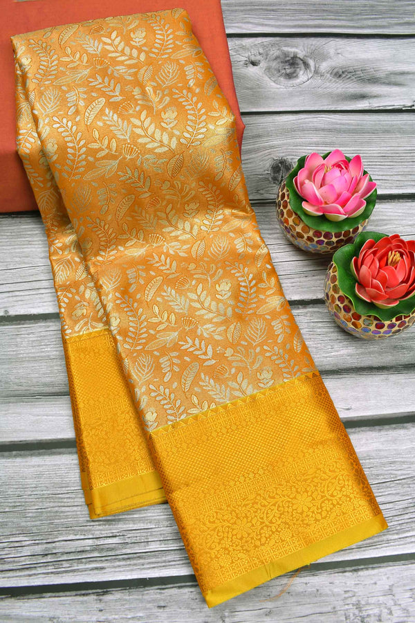 Golden Yellow Semi Silk Tissue Leaves Brocade Gold Border Saree