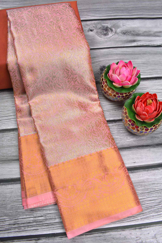 Light Pink Semi Silk Tissue Leaves Brocade Zari Border Saree