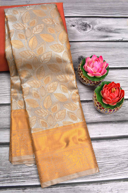 Silver Grey Semi Silk Tissue Golden Leaves Brocase Zari Border Saree