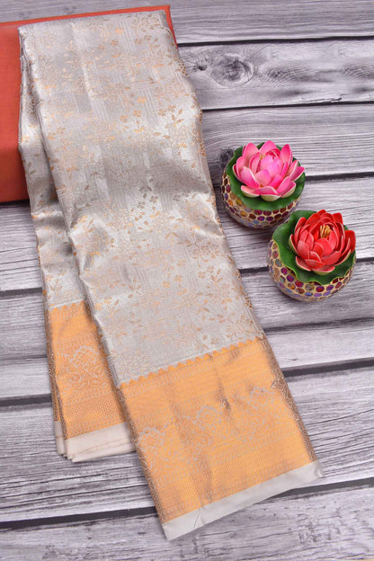 Light Grey Semi Silk Tissue Fancy Floral Checks Gold Border Saree