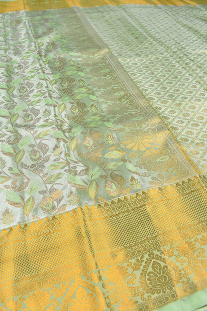 Pastel Green Semi Silk Tissue Golden Leaves Brocade Zari Border Saree