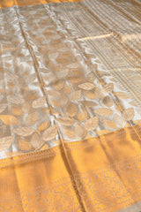 Silver Grey Semi Silk Tissue Golden Leaves Brocase Zari Border Saree