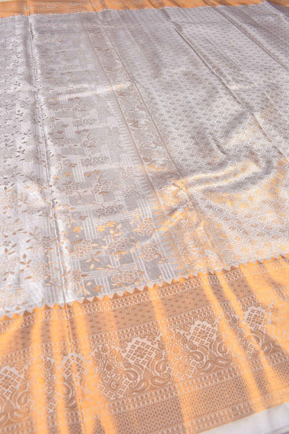 Light Grey Semi Silk Tissue Fancy Floral Checks Gold Border Saree