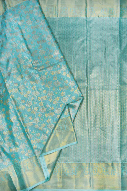 Turquoise Blue Semi Silk Tissue  Fancy Floral Brocade Saree