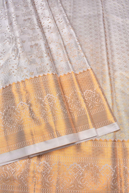 Light Grey Semi Silk Tissue Fancy Floral Checks Gold Border Saree