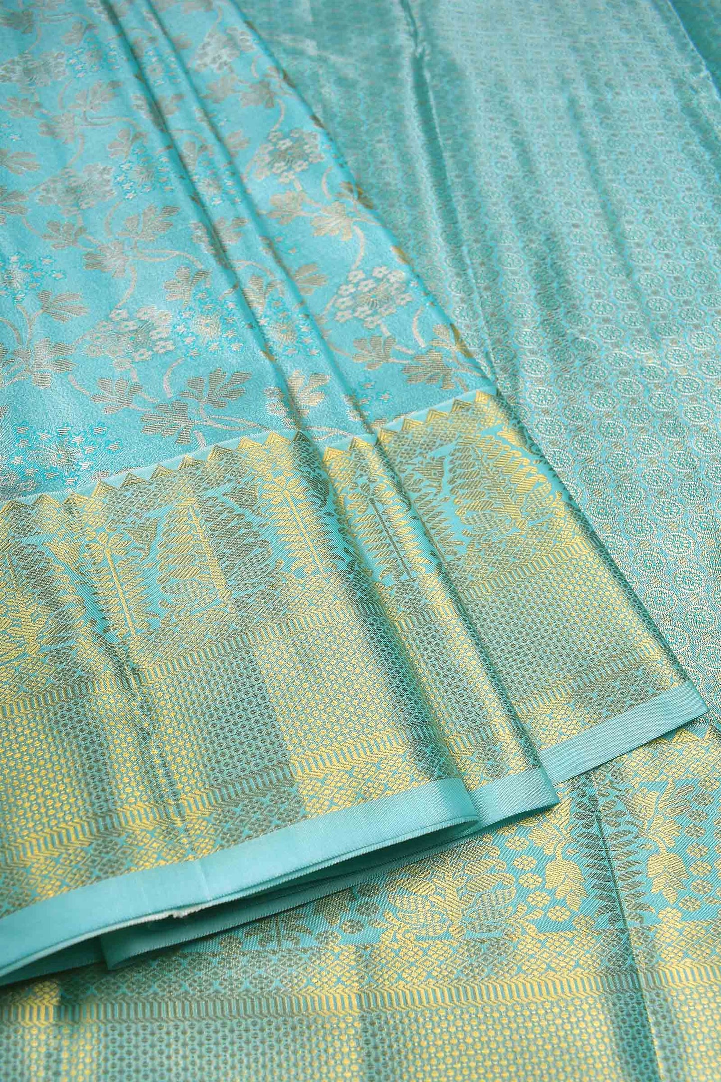 Turquoise Blue Semi Silk Tissue  Fancy Floral Brocade Saree