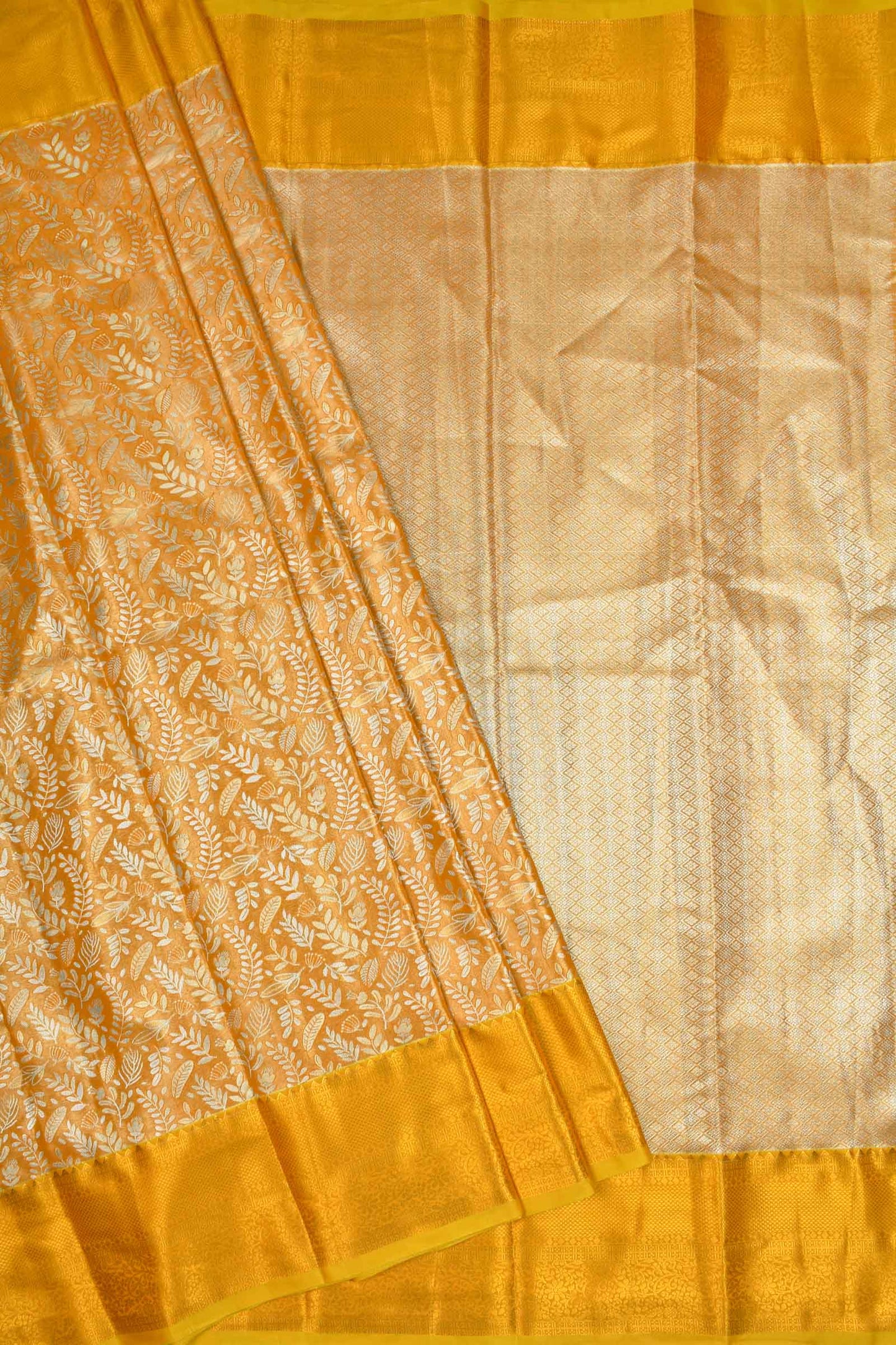 Golden Yellow Semi Silk Tissue Leaves Brocade Gold Border Saree