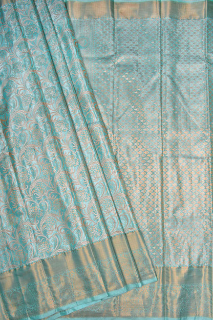 Turquoise Blue Semi Silk Tissue Floral Waves Brocade Saree