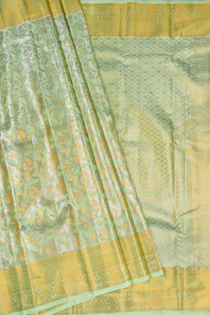 Pastel Green Semi Silk Tissue Golden Leaves Brocade Zari Border Saree