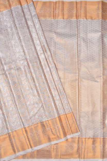 Light Grey Semi Silk Tissue Fancy Floral Checks Gold Border Saree