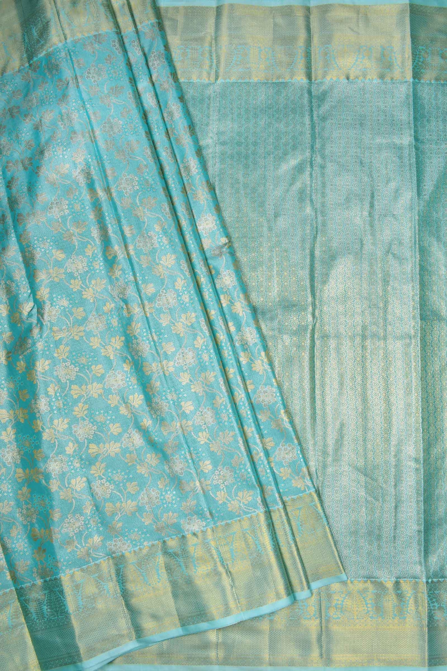 Turquoise Blue Semi Silk Tissue  Fancy Floral Brocade Saree