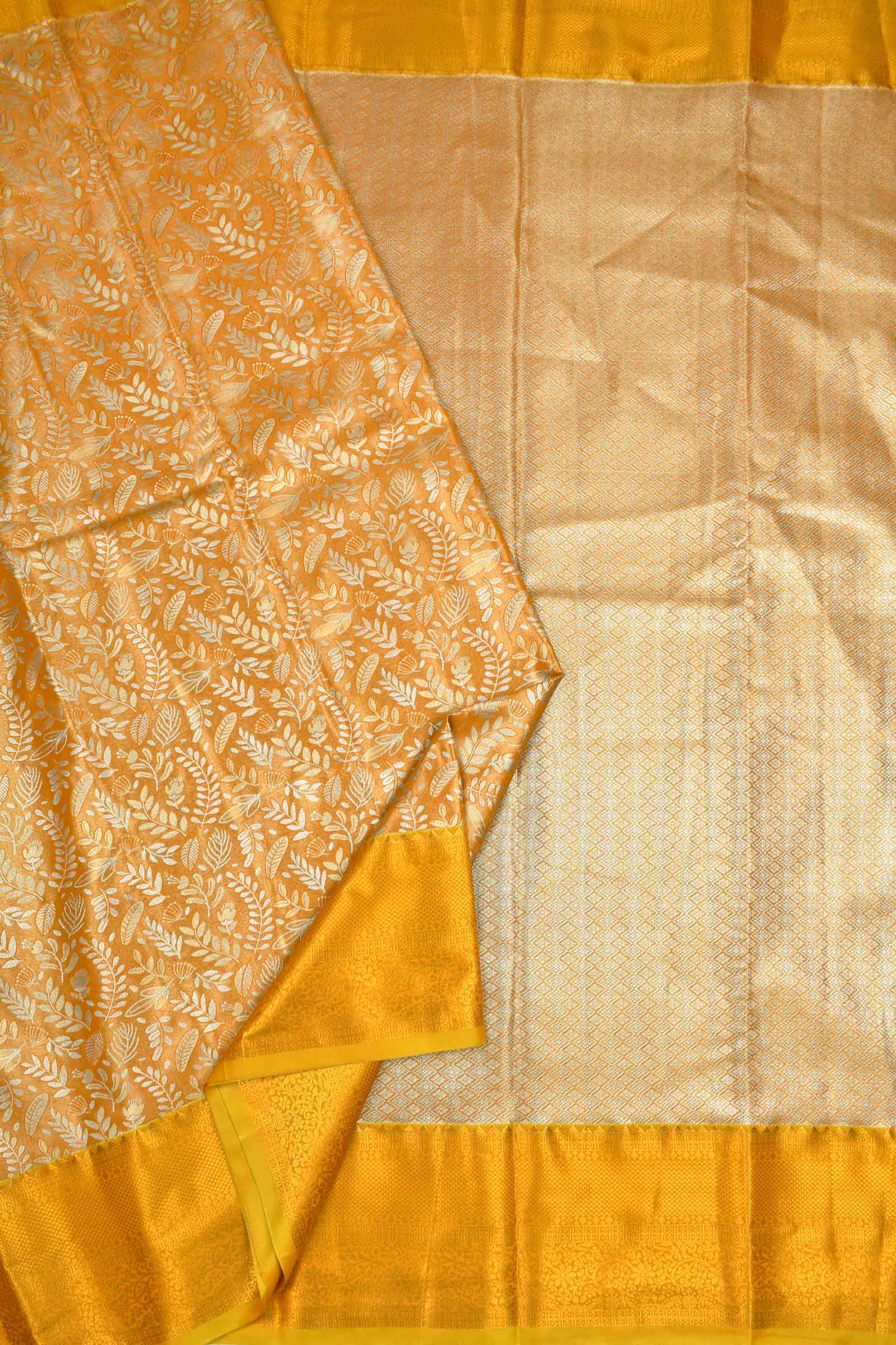 Golden Yellow Semi Silk Tissue Leaves Brocade Gold Border Saree