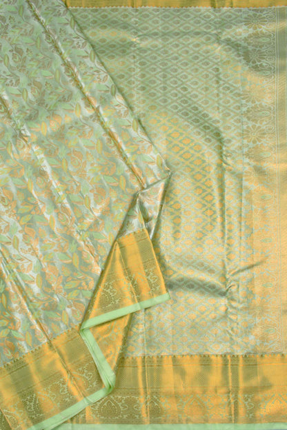 Pastel Green Semi Silk Tissue Golden Leaves Brocade Zari Border Saree