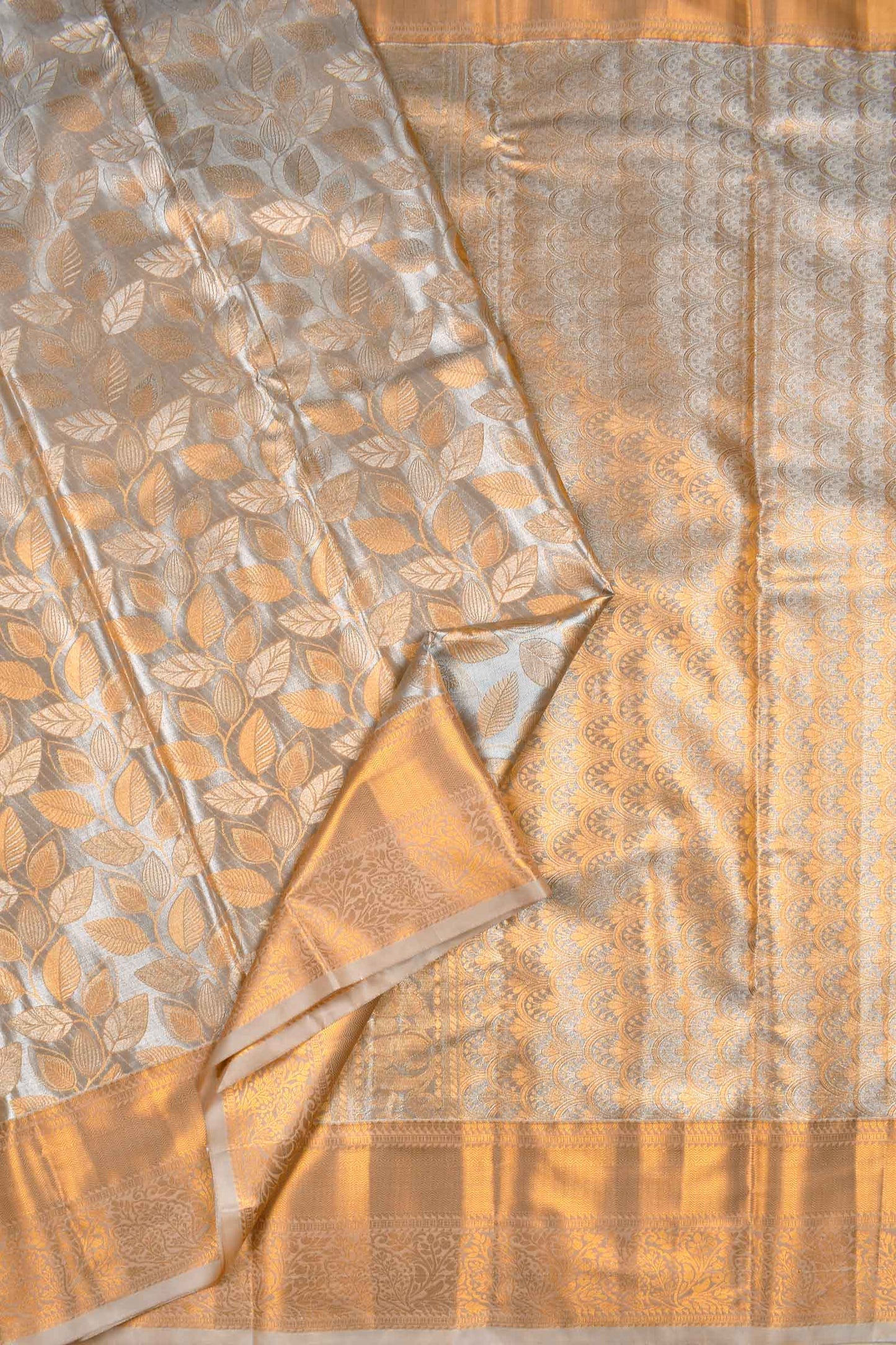 Silver Grey Semi Silk Tissue Golden Leaves Brocase Zari Border Saree