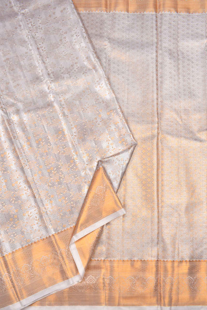 Light Grey Semi Silk Tissue Fancy Floral Checks Gold Border Saree