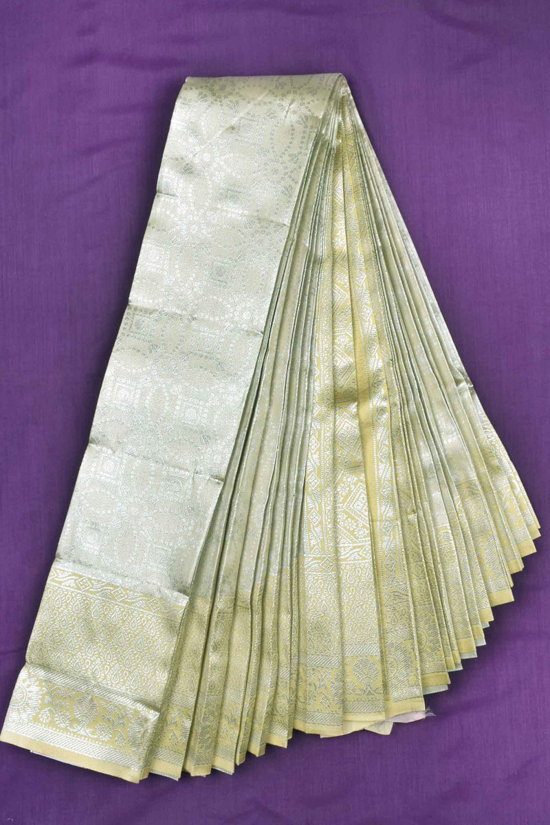 Tissue Green With Silver Semi Silk Self Fancy Design Sandal Border Saree